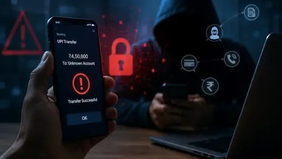 A smartphone displaying a suspicious UPI transaction warning while a hooded cybercriminal operates a laptop in the background, symbolizing the rising threat of digital banking fraud and online financial scams in India representative image.