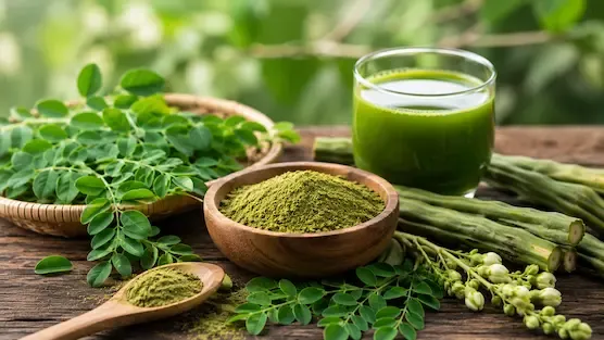 Fresh moringa leaves, moringa powder, and a green herbal drink arranged on a rustic wooden table, highlighting the growing popularity of moringa as a natural Indian superfood.