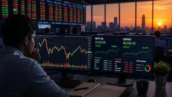 A stock market trader monitoring Sensex and Nifty charts on multiple screens inside a modern trading office during sunset, representing volatility in India’s financial markets Illustration.