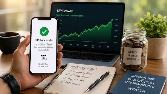 A young professional reviewing SIP investment growth on a smartphone and laptop in a modern workspace, symbolizing disciplined long-term wealth building and financial planning in India Illustrate.