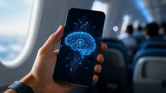 A passenger holding an AI-powered smartphone inside an airplane cabin, symbolizing the rise of on-device artificial intelligence and offline smart features in modern mobile technology.