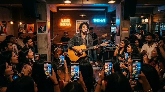 Young independent musicians performing live at a modern urban café concert in India while a youthful audience enjoys acoustic indie music in a warm cinematic atmosphere representative image.