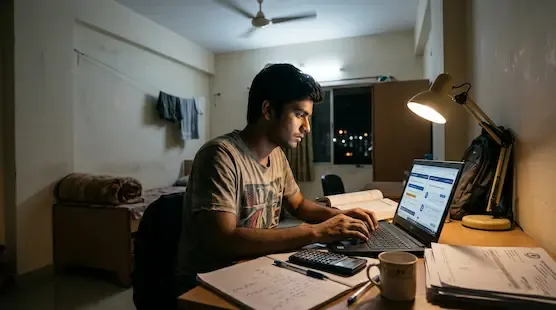 A college student studying late at night in a university hostel room while searching scholarship and financial aid portals on a laptop, symbolizing rising education costs and student financial pressure in India.