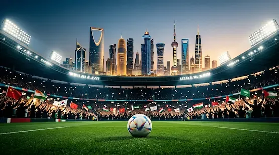 Futuristic football stadium with Middle Eastern and Asian city skylines symbolizing the global shift of football power and investment toward Asia and the Gulf region.