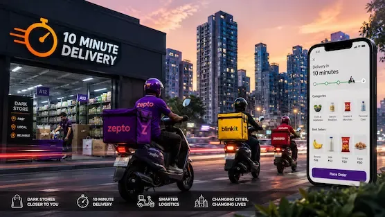 Electric delivery riders outside a modern dark store in an Indian city representing the rise of quick commerce and 10-minute delivery services in urban India.