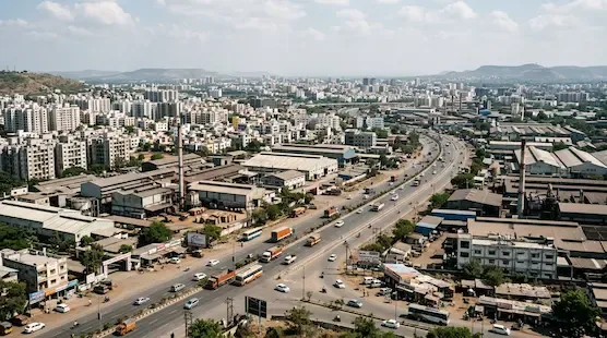 Modern skyline and industrial development in Chhatrapati Sambhajinagar showcasing factories, highways, and urban infrastructure growth in Maharashtra.