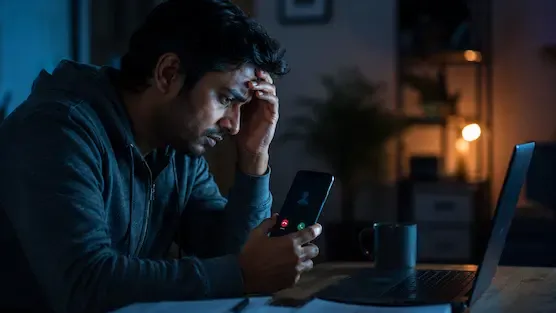 Young Indian smartphone user receiving a suspicious cyber fraud call in a dark indoor setting, symbolizing rising digital scams, online banking fraud, and cybercrime threats in India.