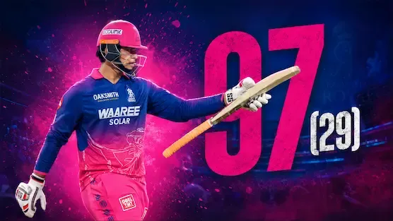 Young Indian IPL batter playing an explosive six-hitting innings during a high-pressure night cricket match in a packed stadium.