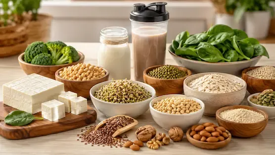 Healthy vegetarian high-protein foods including tofu, sprouts, oats, spinach, soybeans, nuts, seeds, and protein shakes arranged on a modern kitchen table with natural lighting.