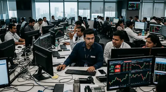 Indian stock market traders monitoring volatile Sensex and Nifty movements on multiple trading screens inside a financial dealing room representative image.