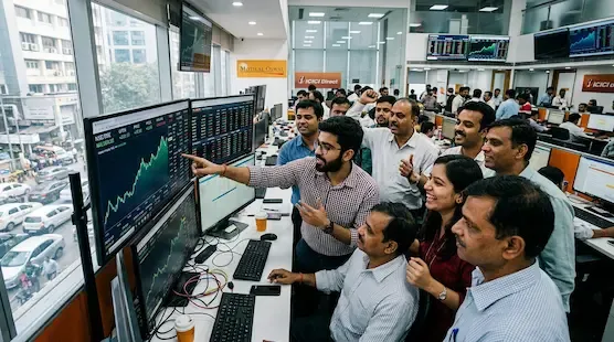Indian retail investors monitoring IPO listing performance on stock market trading screens inside a modern brokerage office representative image.