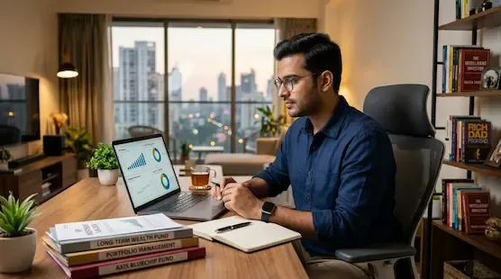 Young Indian professional reviewing long-term investment plans and stock market charts on a laptop in a modern urban home setting representative image.