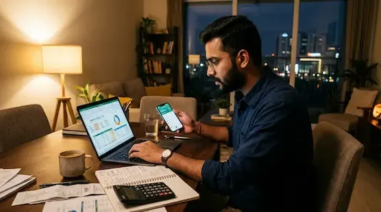Young Indian professional managing personal finances, budgeting expenses, and tracking savings inside a modern urban apartment at night.