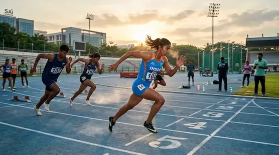 Young Indian athletes training on a running track during an early morning athletics practice session at a sports academy representative image.