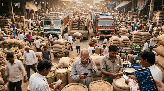 Busy Indian wholesale commodity market with traders, agricultural goods, and supply chain activity reflecting rising commodity and inflation trends representative image.