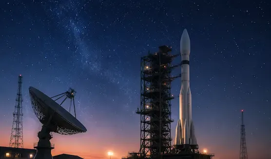Futuristic space-tech launch facility with a rocket standing on a launch pad under a star-filled night sky, representing India’s growing private space technology ecosystem representative image.