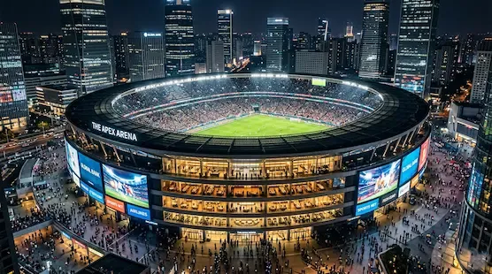 Modern football stadium illuminated at night with a global sports business atmosphere representing the commercialization of elite football clubs.