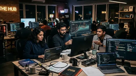 Young Indian startup founders working inside a modern technology coworking space focused on artificial intelligence and software innovation.