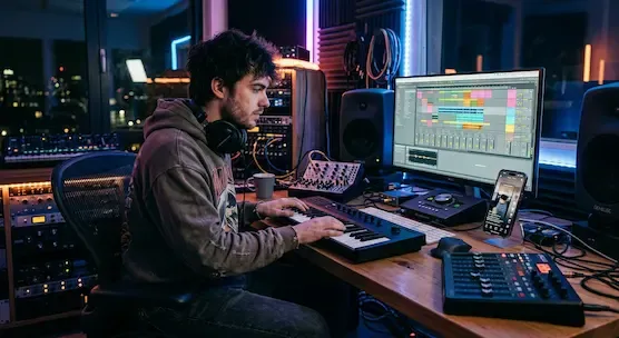 Independent music producer working inside a modern recording studio influenced by social media and short-form music trends illustration.