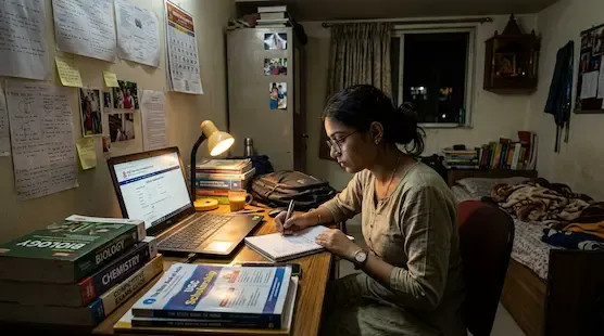 Indian college student studying late at night while managing scholarship applications and financial pressure inside a university hostel room.