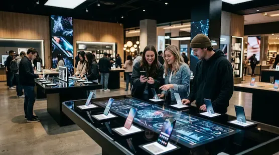 Modern smartphone showroom with consumers exploring premium gadgets and the evolving consumer technology market.
