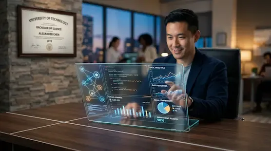 A professional workspace featuring a clean split-screen layout displaying data analytics graphs on one side and a modern code editor on the other.