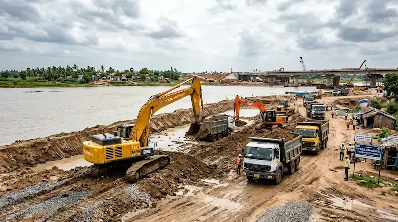 Heavy excavation machinery clearing a wide civic drainage canal in an urban area under the supervision of municipal infrastructure engineers.
