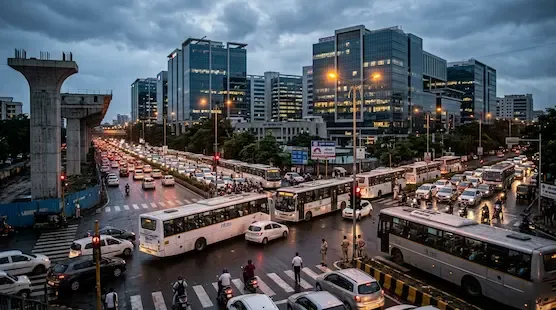 A busy corporate transit corridor in Pune showing a long line of company buses and vehicles moving slowly past an under-construction metro pillar representative image.