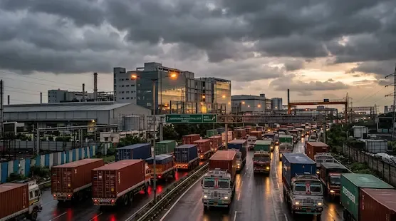 A long line of multi-axle industrial cargo trucks and containers moving slowly past a modern manufacturing unit in Chhatrapati Sambhajinagar.