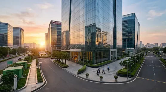 A sleek widescreen view of a modern, multi-story glass commercial tech park building in Navi Mumbai during early morning business hours representative image.