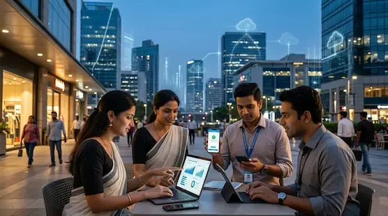 Indian professionals and entrepreneurs using digital technology, online payments, and modern business tools in a rapidly growing digital economy.