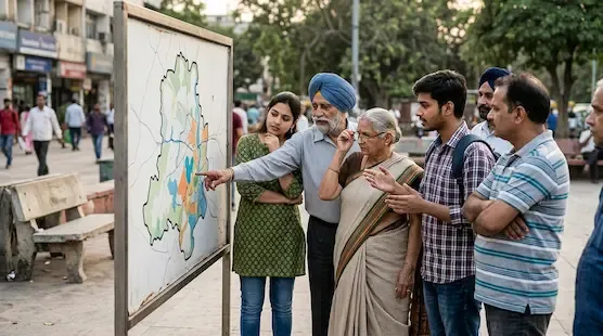 Indian citizens examining a map during a discussion about electoral representation and constituency boundaries in India representative image.