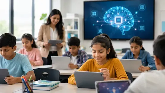 Students using digital learning tools and modern technology in a classroom environment representing the future of AI-powered education.