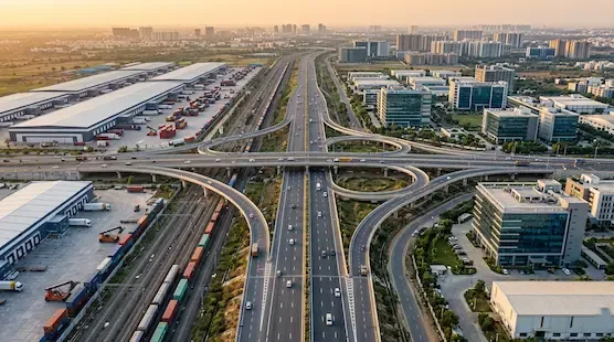 Modern transportation infrastructure including highways, railways and logistics networks supporting economic growth in India representative image.