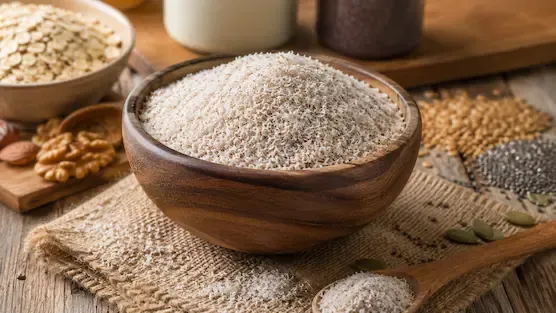 Natural psyllium husk (Isabgol) displayed in a wooden bowl representing dietary fiber and digestive wellness.