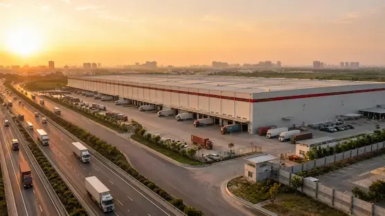 Modern logistics warehouse and distribution hub supporting India's growing supply chain and business infrastructure.