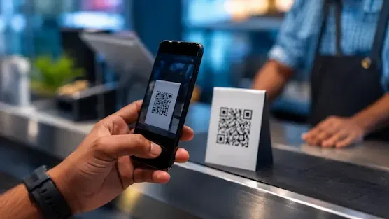 Smartphone scanning a QR code representing digital payments and online security awareness.