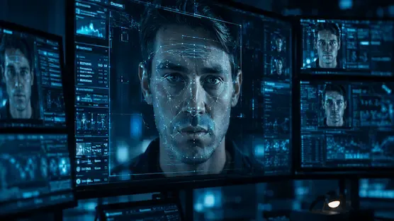 Digital screens displaying AI-generated facial analysis representing the growing challenge of deepfake technology.