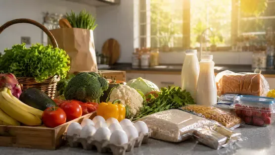 Fresh groceries and vegetables arranged in a clean modern kitchen representing food safety and quality.