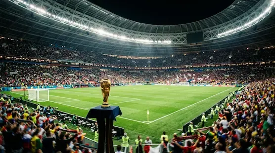 Modern football stadium with a championship trophy representing the FIFA World Cup 2026 tournament.