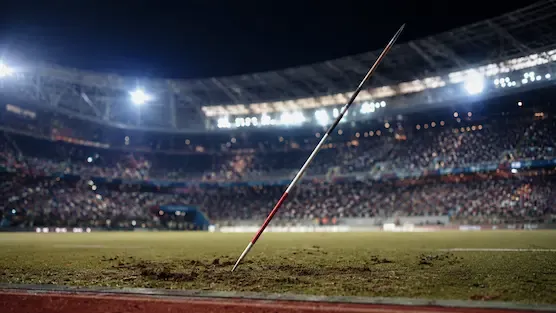 Javelin resting on the athletics field after a record-breaking throw at an international stadium.