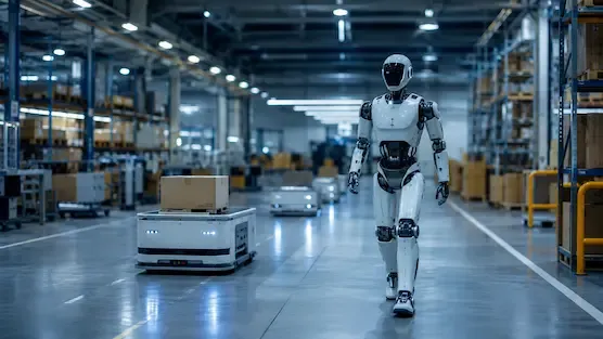 Intelligent autonomous robots operating inside a modern technology-driven industrial environment.