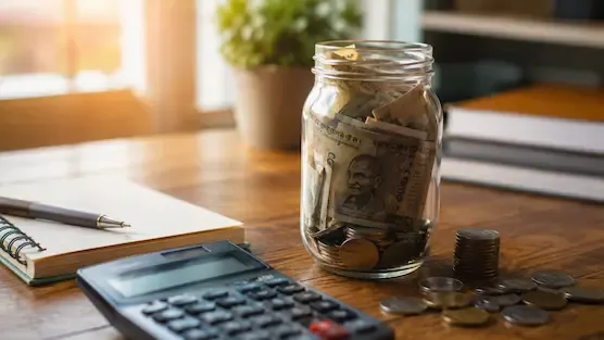 A savings jar filled with money symbolizing consistent daily saving and long-term wealth building.