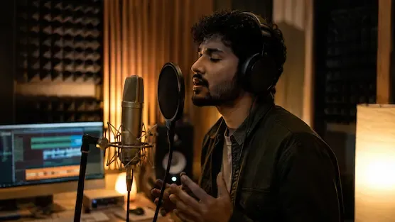 Independent musician recording music in a modern home studio environment representative image.