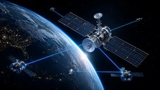Advanced space communication satellite connecting multiple spacecraft through a next-generation orbital network.