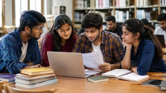 Indian university students researching scholarship opportunities in a modern academic library.