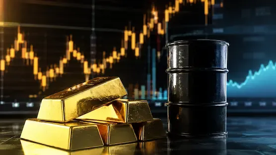 Gold bars and crude oil barrel representing rising commodity market prices amid global economic uncertainty.