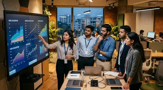 Indian startup founders and engineers discussing growth strategy inside a modern technology workspace representative image.
