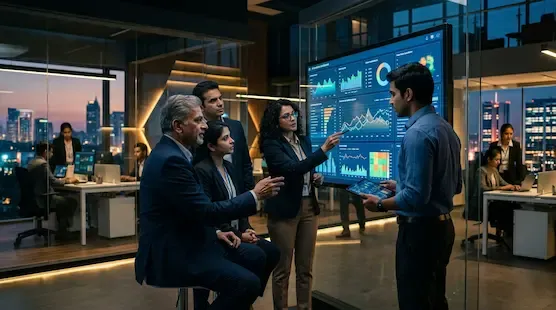 Corporate executives and engineers reviewing AI-powered business analytics inside a modern technology office.
