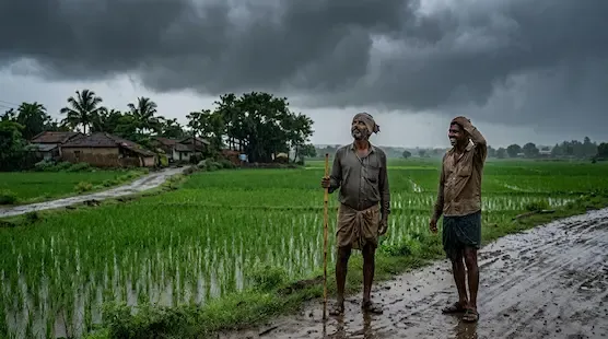 Farmers in rural India watching approaching monsoon clouds over agricultural fields during the start of the rainy season representative image.